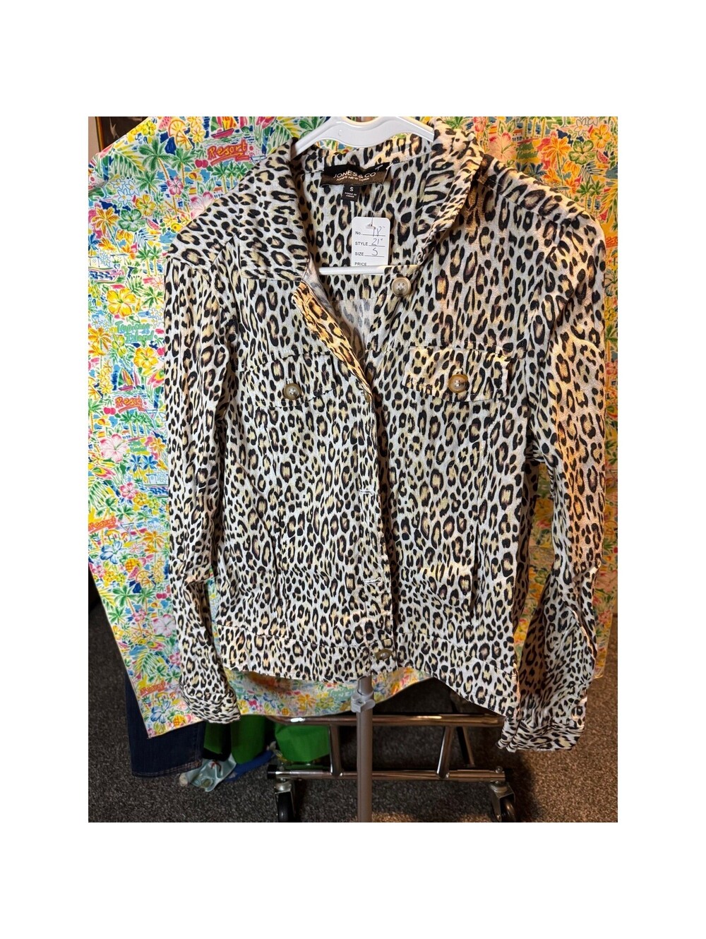 131 Jones & Co Jones New York Leopard Print Trucker Jacket Tan Black Women Small